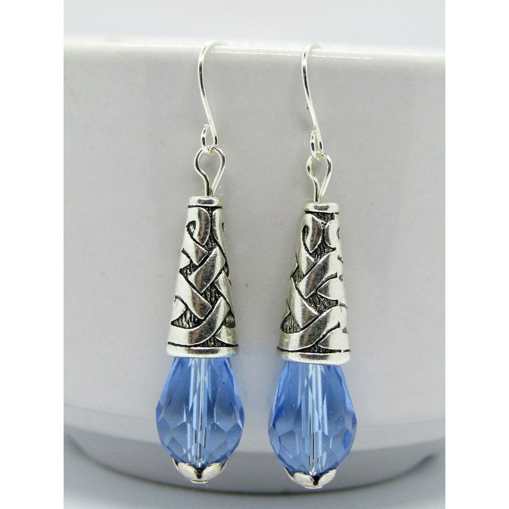 Sapphire Blue Teardrop Crystal Silver Earrings